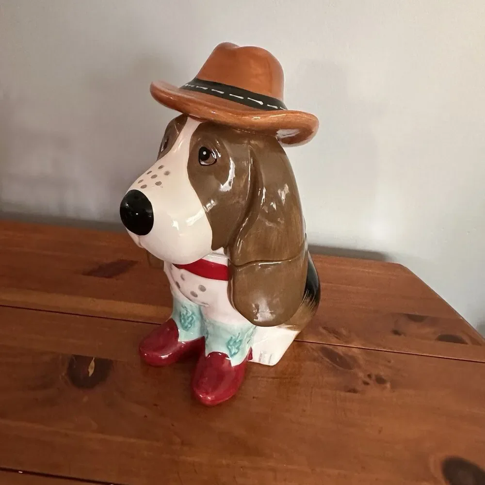 The Pioneer Woman Charlie Cookie Jar Blue Boots Basset Hound Dog Cowboy Hat -12”